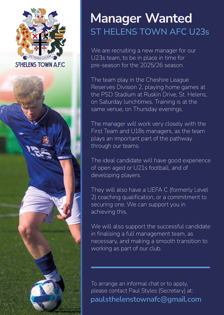 sthelenstownfc's tweet image. 🚨We are recruiting a new manager for our U23s team, to be in place in time for pre-season for the 2025/26 season. Further details on the poster.

To arrange an informal chat or to apply, please contact Paul Styles (Secretary) at:
paulsthelenstownafc@gmail.com