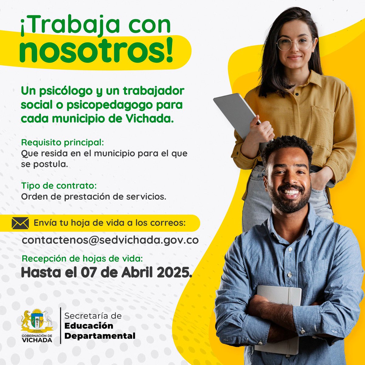 #Vacante ¡Abrimos convocatoria laboral para profesionales en orientación psicosocial! 

📢 Estamos en búsqueda de Psicólogos, Trabajadores Sociales y/o Psicopedagogos que residan en los municipios del departamento del #Vichada 🔰
#Empleo