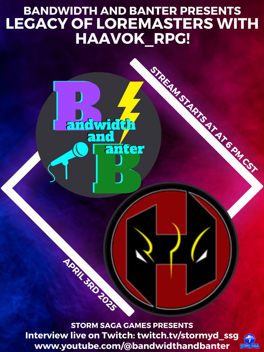 Come ask all the #DnD questions!
I might not have the answers, but it will be fun!

The folks over at Bandwidth and Banter are having me as a guest in their Legacy and Loremaster segment.

Join us at twitch.tv/stormyd_ssg 7p EST
#ttrpgcommunity #AMA about #RPG
