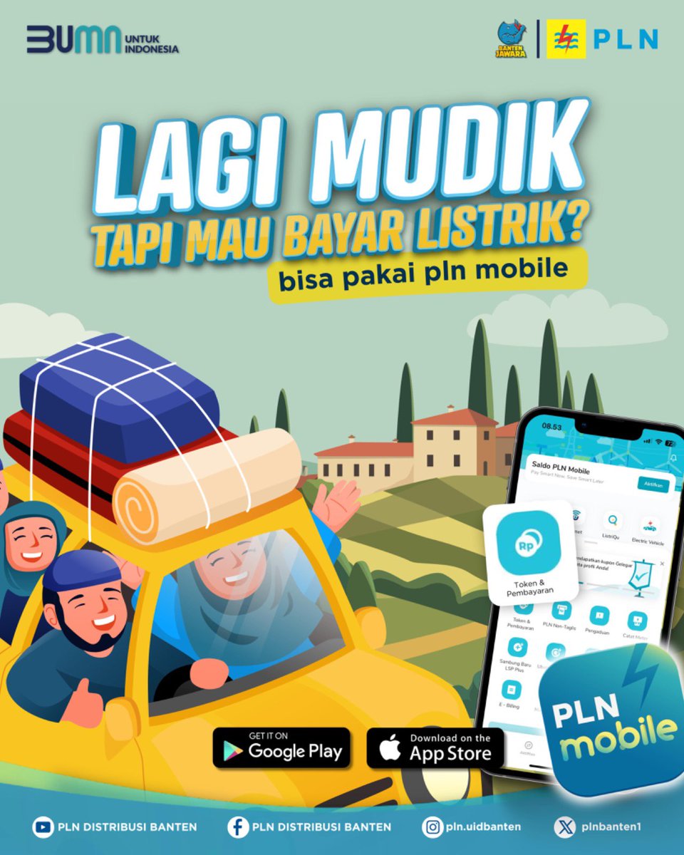 plnbanten1's tweet photo. Hi Electrizen,
Gak perlu tunggu balik ke rumah buat bayar listrik.
Lagi di kampung pun tetap bisa bayar tagihan listrik lewat PLN Mobile!
#EkosistemKendaraanListrik #AmanBerlistrik #RamadanBarengPLN #MudikListrik #SPKLU #PLNMobile #PLNUIDBanten https://t.co/Pg56Im46BJ