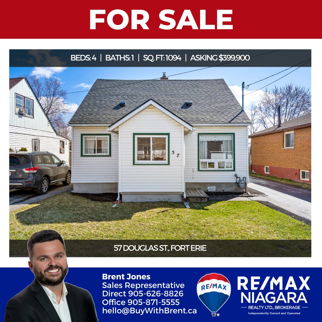 🚨 JUST LISTED
🏠 57 DOUGLAS ST., FORT ERIE
👍 $399,900
☎️ 905-626-8826
🖱️ CLICK FOR DETAILS: buywithbrent.ca/property/57-do…

This four-bedroom home is conveniently located near schools, parks, the highway, and all amenities. Perfect starter home or investment opportunity.