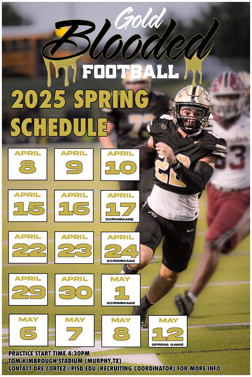 Plano East Football (@planoeastfb) on Twitter photo ‼️College Coaches & Eastside ‼️
2025 Spring Schedule is here! 
#GBH #GoldBlooded ⏳ ‼️College Coaches & Eastside ‼️
2025 Spring Schedule is here! 
#GBH #GoldBlooded ⏳