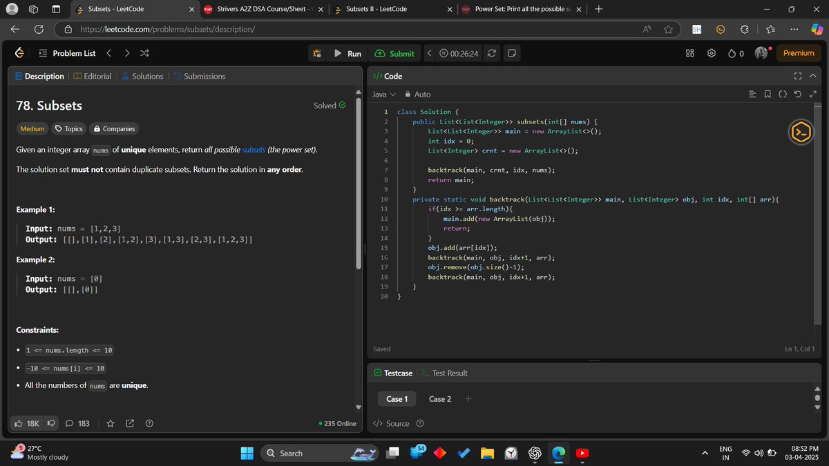 ramin_codess's tweet photo. Day 2/100 of DSA 🚀 | LeetCode 78 - Subsets
Backtracking in action! Built the recursion tree to visualize problem.
Breaking problems down step by step is the real game-changer! 🔥

How is you dsa journey going?🚀

#LeetCode #Backtracking #DSA #100DaysOfCode #LearnInPublic! https://t.co/n65JKOjpRR