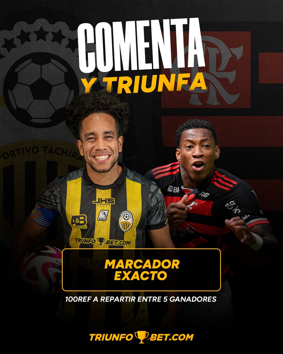 OK, VAMOS CON DINÁMICA 🎟️🔥

Hoy vuelven las míticas noches de Libertadores a Pueblo Nuevo. Deportivo Táchira recibe al Flamengo de Brasil, y tenemos REF100 a repartir entre 5 triunfadores. 🏆