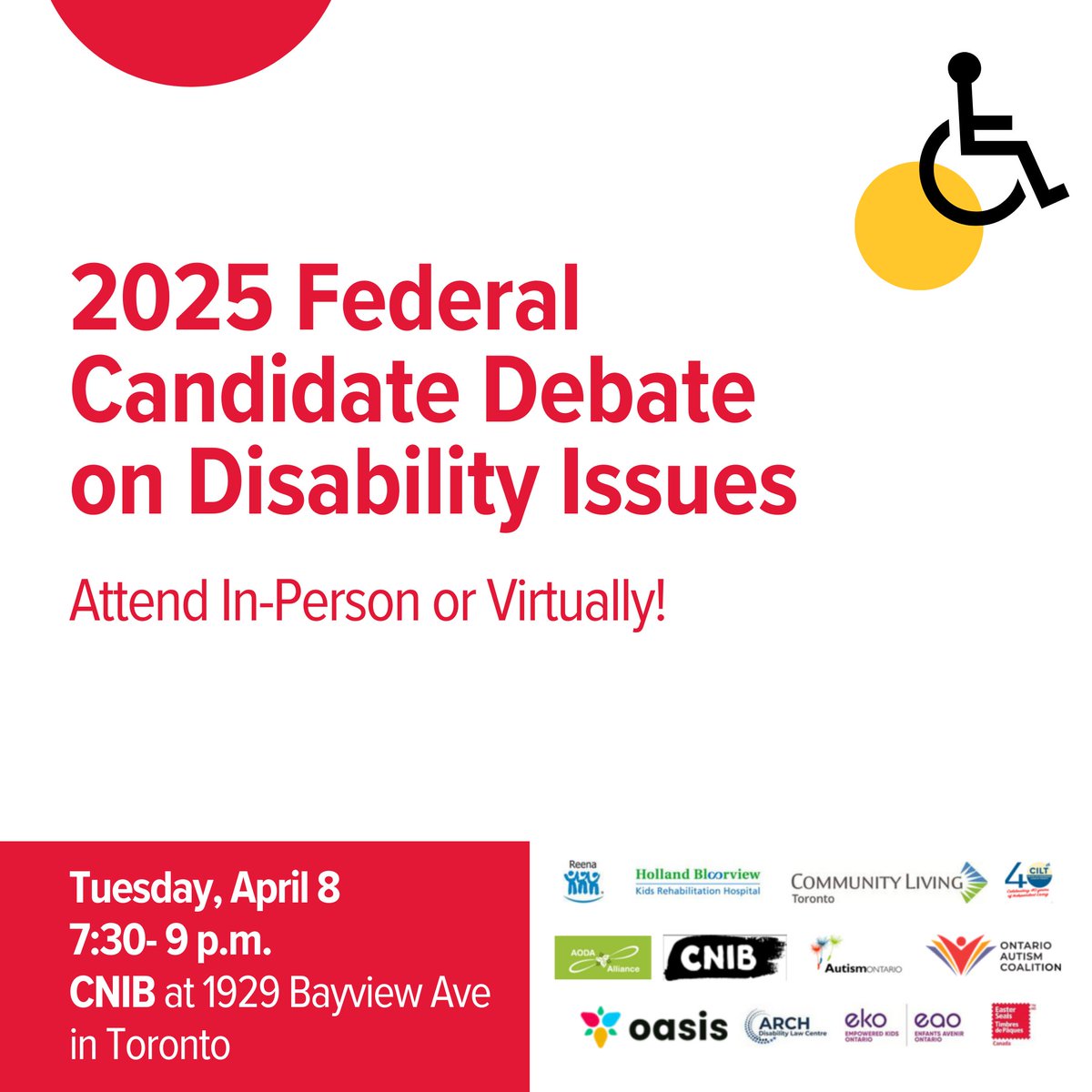 A 2025 Federal Candidate Debate on Disability Issues is being held next Tuesday!

The debate location is accessible, and both ASL interpretation and real-time captioning will be available. 

Register for both in-person and virtual attendance at: ow.ly/nnvM50Vu1ha.