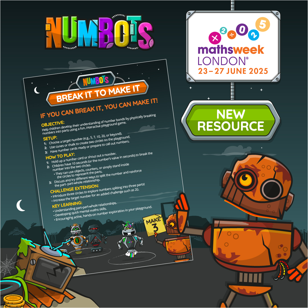 numbots's tweet image. 🎉 Maths Week London is HERE! 🎉
 
It’s time to Break It to Make It with our brand-new, FREE NumBots resource! 💥
 
🔢 Boost number skills with this interactive problem-solving game!
📅 Only available this week (June 23-27)!
📥 Don’t miss out—sign up now and start playing today!…