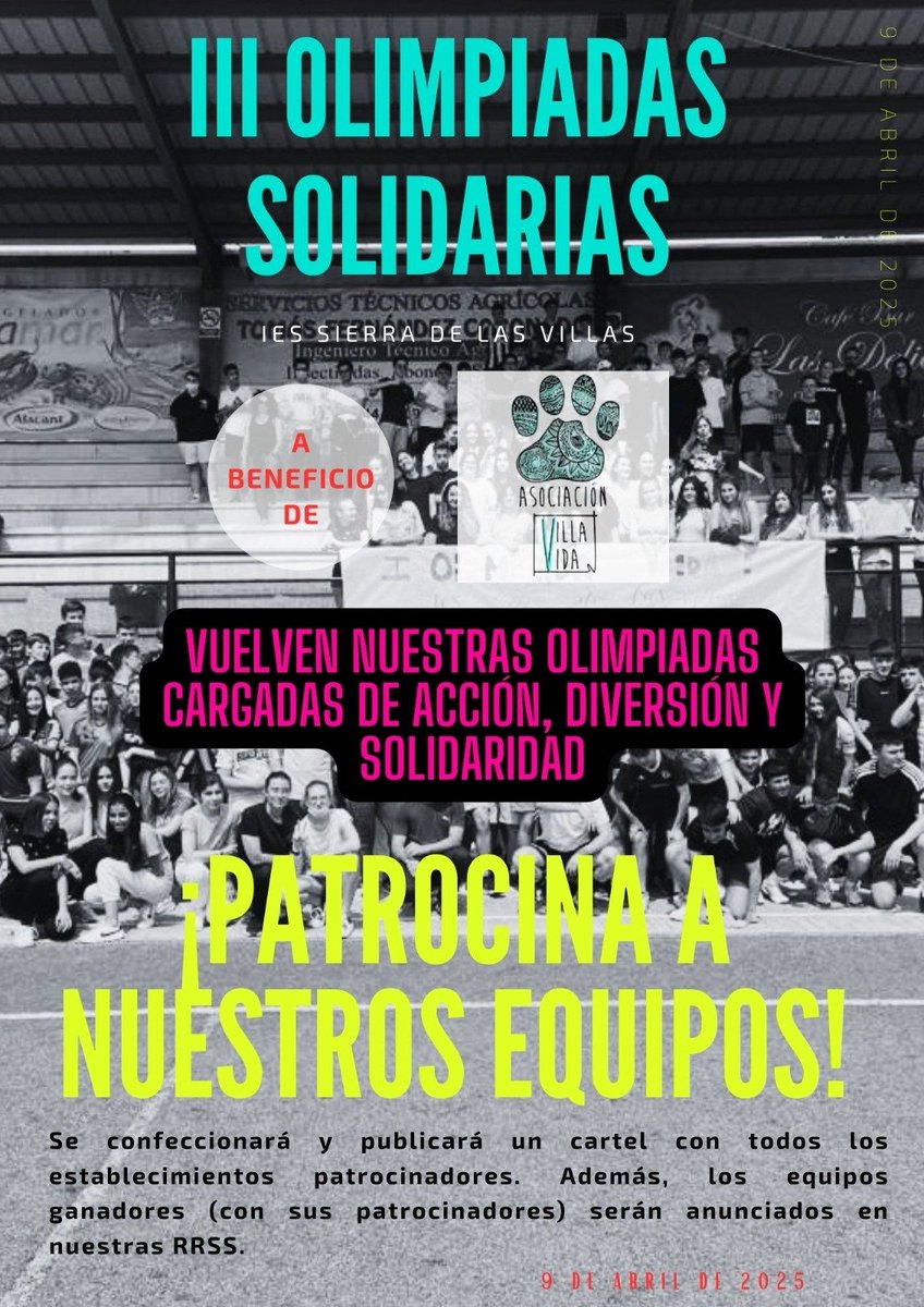 sierralasvillas's tweet photo. El IES Sierra de las Villas tiene el inmenso placer de anunciar sus III Olimpiadas Solidarias. Nuestros atletas competirán en distintos deportes creados por sus compañeros de 2º de Bachillerato. El dinero recaudado irá a la asociación Villa Vida. No lo dudes y ¡COLABORA! https://t.co/E1IHDdqxfQ