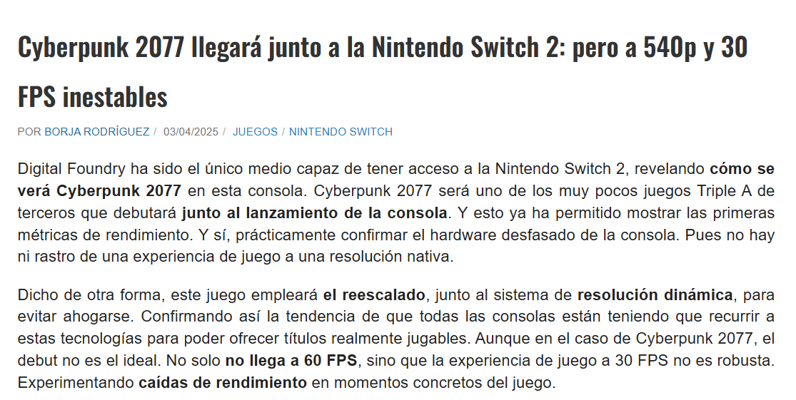 JinoGamerHC's tweet photo. Se confirma que CYBERPUNK 2077 en SWITCH 2 funcionará a 540p de resolución y 30fps inestables con caídas de hasta los 23fps en modo portátil y en dock a 1080p reescalado entre 30-40fps en modo rendimiento. 
#switch2 #NintendoSwitch2 https://t.co/oq7lWAYS2j