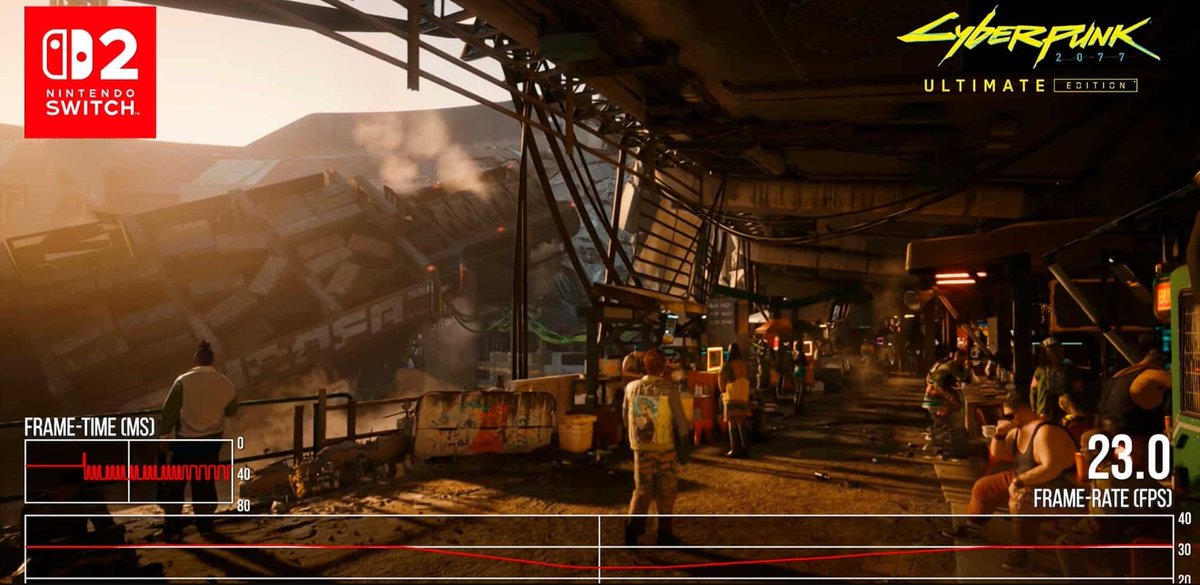 JinoGamerHC's tweet photo. Se confirma que CYBERPUNK 2077 en SWITCH 2 funcionará a 540p de resolución y 30fps inestables con caídas de hasta los 23fps en modo portátil y en dock a 1080p reescalado entre 30-40fps en modo rendimiento. 
#switch2 #NintendoSwitch2 https://t.co/oq7lWAYS2j