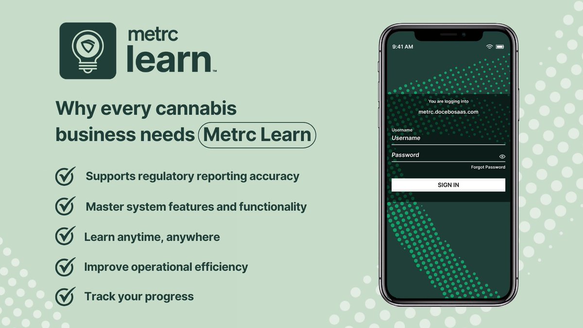 Compliance is the foundation of every successful cannabis operation.

Metrc Learn offers tailored, on-demand training to help operators use the system with confidence and accuracy.

Learn more: metrc.com/metrc-learn-an…