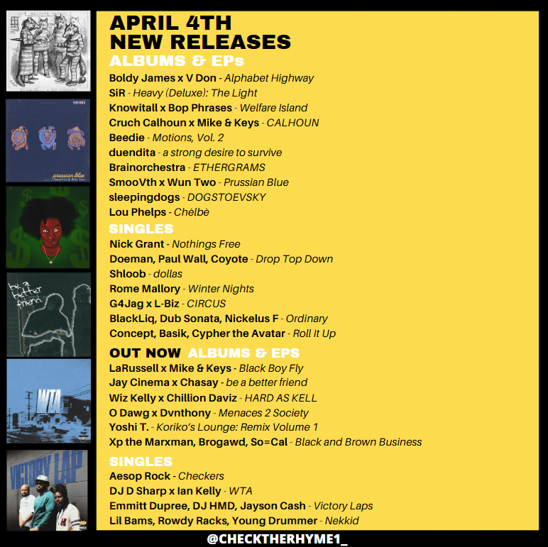 🚨This week's new drops

Boldy x V Don
SiR
LaRussell x Mike &amp; Keys
Nick Grant
Aesop Rock
Knowitall x Bop Phrases
Jay Cinema x Chasay
Doeman, Paul Wall, Coyote
DJ D Sharp x Ian Kelly
Emmitt Dupree, DJ HMD, Jayson Cash
Beedie
Shloob
Yoshi T.
Brainorchestra
duendita
+more