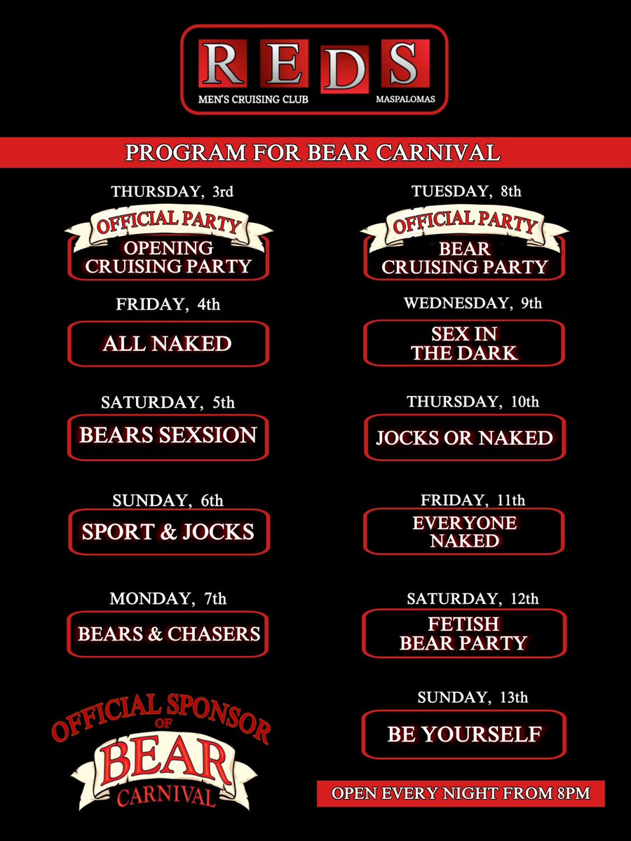 🔴REDS PROGRAM FOR BEAR CARNIVAL🔴
From Thursday 3rd till Sunday 13th
Different parties for everyone with different themes and 2 official parties!
Remember: 10€ Entry/1 Drink included
We will be waiting for you 📍Av Tirajana 17, Edificio Barbados II 😈
HAPPY CARNIVAL BEAR 🐻 🍻