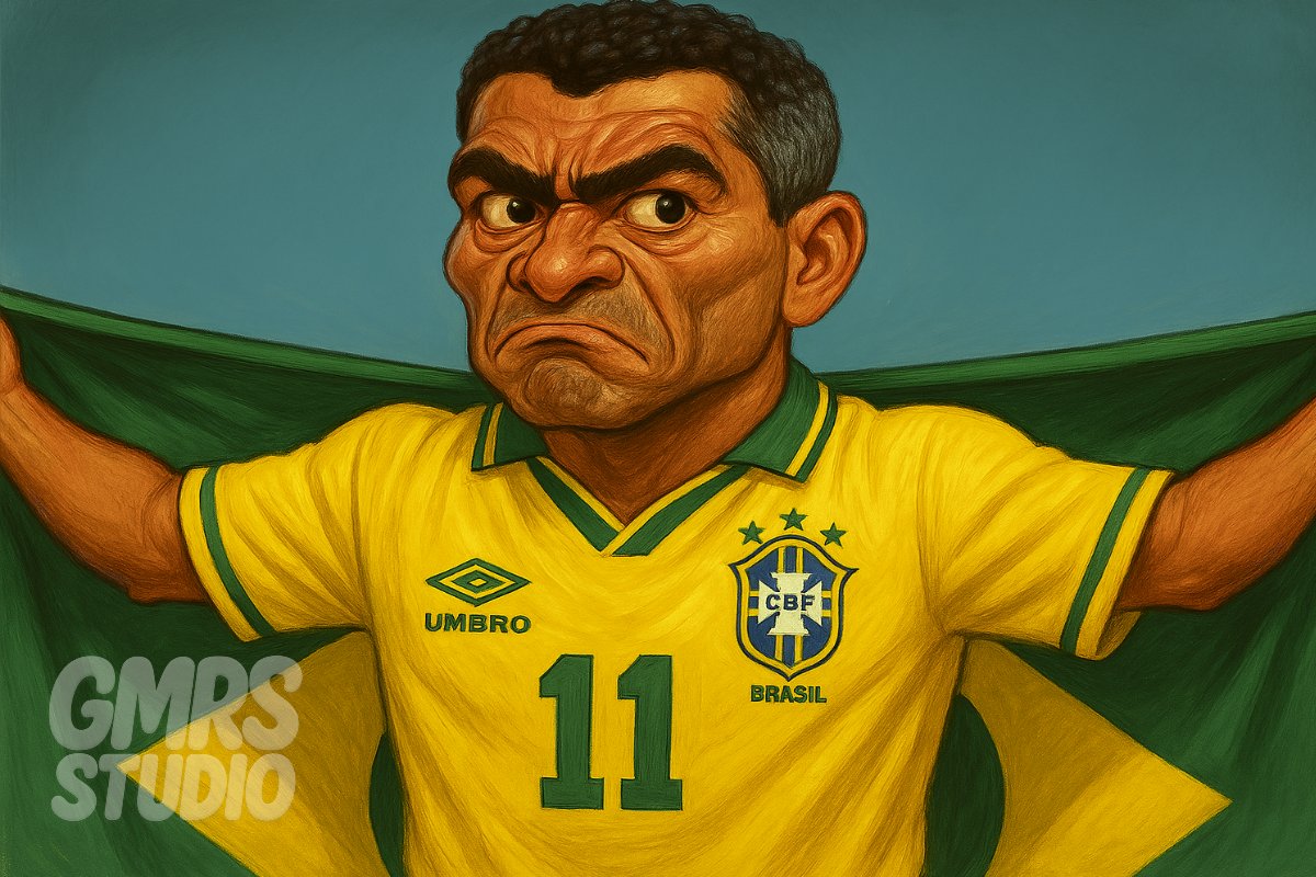 GmrsStudio's tweet photo. O baixinho em modo seleção!
Romário, foco e fúria na Copa de 94.
Carregou o Brasil rumo ao tetra com raça, talento e personalidade.

Arte estilo caricatura.
#Romário #Copa1994 #SeleçãoBrasileira #GMRSStudio https://t.co/C1MPpRWB70