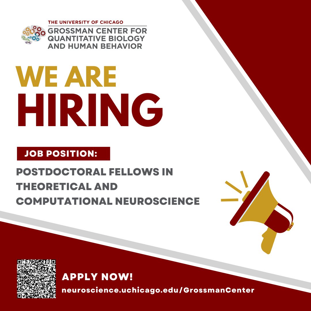 UChicago_Brains's tweet image. The University of Chicago's Grossman Center for Quantitative Biology and Human Behavior seeks outstanding applicants for multiple postdoctoral positions in computational and theoretical neuroscience. Apply now!
neuroscience.uchicago.edu/grossmancenter…