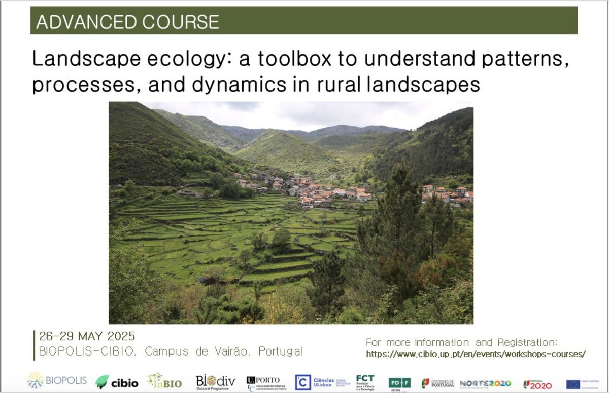 🌿 ADVANCED COURSE | Landscape Ecology: A Toolbox to Understand Patterns, Processes &amp; Dynamics in Rural Landscapes
📅 May 26–29, 2025 | 📍 Face-to-face | Campus de Vairão <a href="/CIBIO_InBIO/">BIOPOLIS-CIBIO</a> 
🆕 Application deadline extended: April 21, 2025
cibio.up.pt/en/events/land…