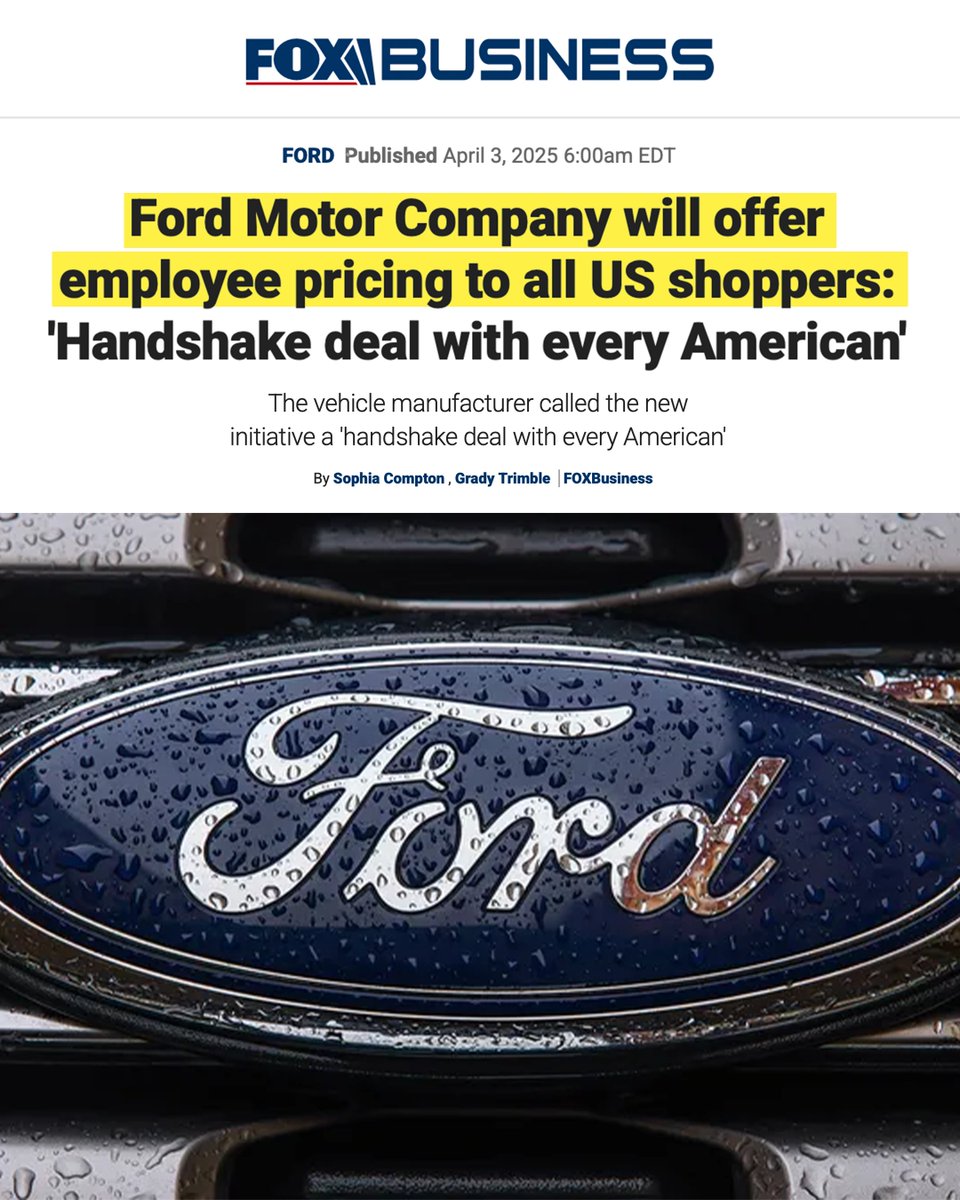 The White House (@whitehouse) on Twitter photo 🇺🇸<a href="/Ford/">Ford Motor Company</a> will offer employee pricing to all US shoppers:
"'For 121 years, we've put our money where our mouth is, assembling vehicles that Americans rely on and supporting American jobs,' Ford said in a statement." 🇺🇸<a href="/Ford/">Ford Motor Company</a> will offer employee pricing to all US shoppers:
"'For 121 years, we've put our money where our mouth is, assembling vehicles that Americans rely on and supporting American jobs,' Ford said in a statement."