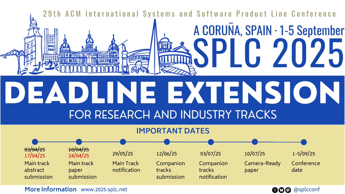 📢 Deadline Extended!
Wish granted, you now have 2 more weeks to submit to #SPLC2025!

New Deadlines:
Abstract: April 17
Full Paper: April 24

📢 Selected papers will be invited to a SoSyM Special Issue! Don't miss this chance!
#SPLC #SoftwareProductLines #CFP