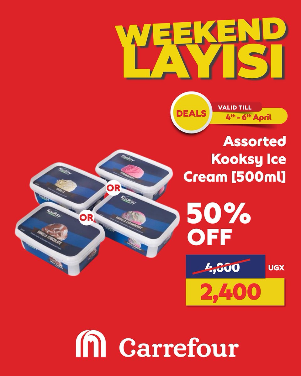 CarrefourUG's tweet photo. Y’all still budget for weekend shopping?
Just shop our #Weekendeals on baileys, ice cream, cornflakes, and more at up to 50% off at our supermarkets to get all you need at the lowest prices.
Stop by and shop now.
#GreatMoments @MajidAlFuttaim https://t.co/Q1tdTkX3nV