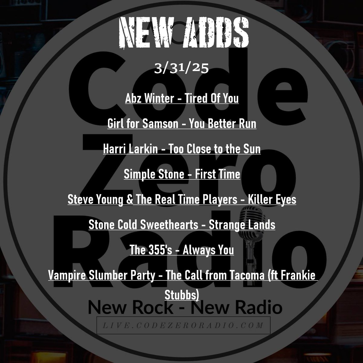 Curated for seekers of new music, Fresh Rocks is the cure for the corporate music blues.
Monday thru Friday 1 pm CST/ 2 pm EST - 11 am PST - 7 pm London - 8 pm Berlin
&gt; 7 pm Tokyo - 9 pm Sydney Tuesday thru Saturday!&lt;
codezeroradio.com