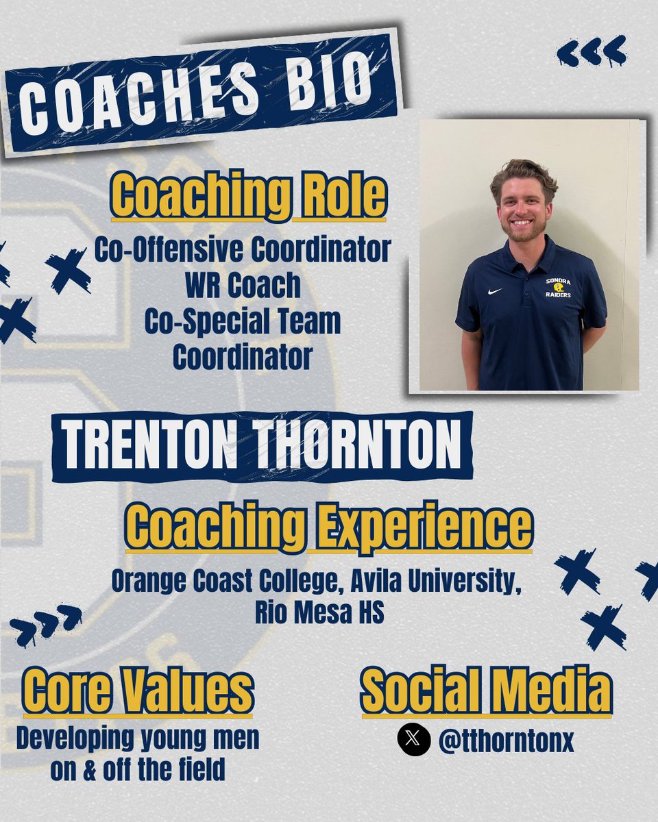 Sonora Raiders Football (@sonoraraidersfb) on Twitter photo He has years of college experience as a player and coach, and a great passion for the game. We are excited to introduce our Co-OC, WR Coach & Co-Special Teams Coordinator Trenton Thornton! #sonorapride #raidersridehigh
<a href="/tthorntonx/">Trenton Thornton</a> He has years of college experience as a player and coach, and a great passion for the game. We are excited to introduce our Co-OC, WR Coach & Co-Special Teams Coordinator Trenton Thornton! #sonorapride #raidersridehigh
<a href="/tthorntonx/">Trenton Thornton</a>