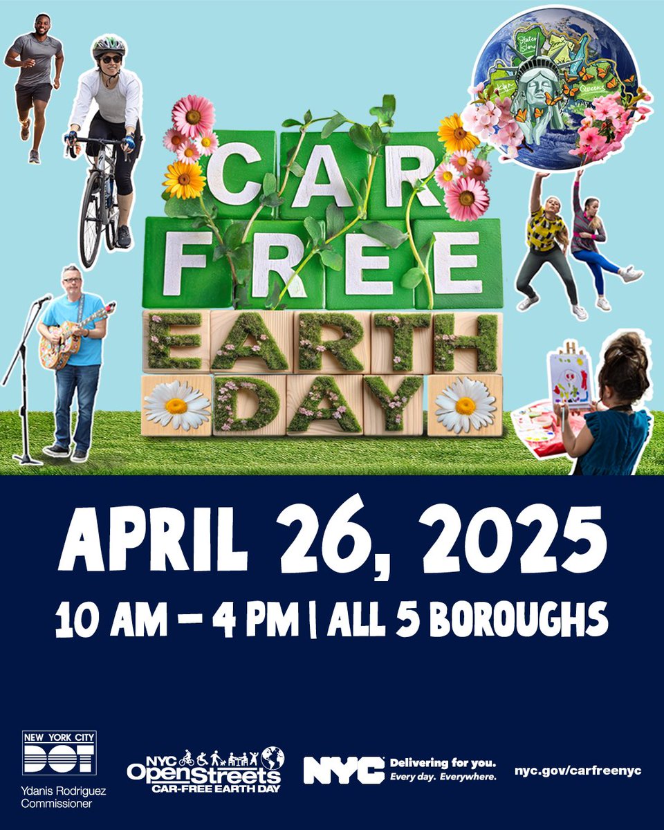 Car-Free Earth Day is back and bigger!

On April 26, 10AM-4PM, walk, run, bike, and celebrate car-free streets with:

🌳7 Expanded car-free routes
🎶Live music &amp; public art
🚴‍♀️FREE 30-minute <a href="/CitiBikeNYC/">Citi Bike</a> rides

Info: nyc.gov/carfreenyc