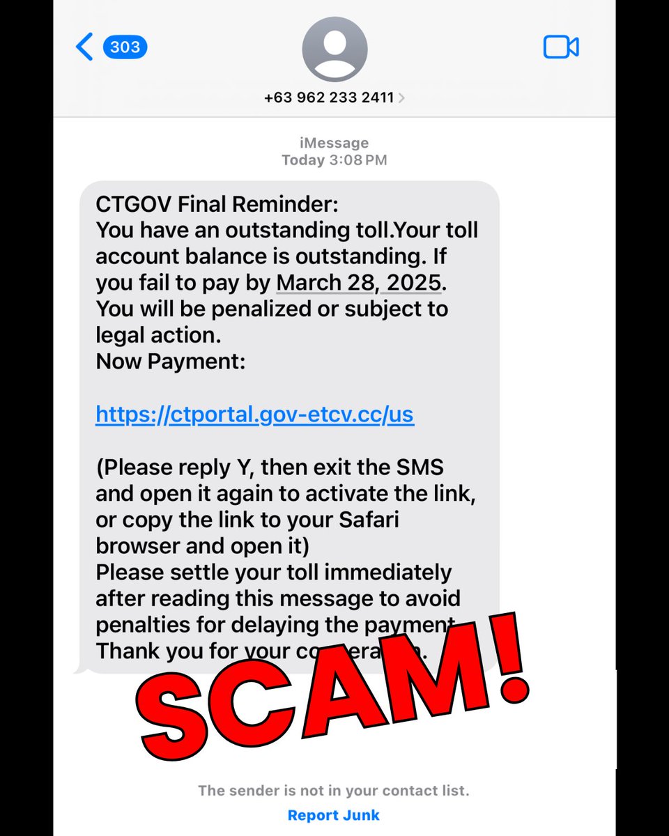 Scammers are sending texts that appear to be from #CTDOT or direct people to a state of CT website. If you see a message like this, DO NOT CLICK ON THE LINK! Here's how you can recognize and what to do when you receive a scam text: consumer.ftc.gov/consumer-alert…

#ScamAlert #TollScam