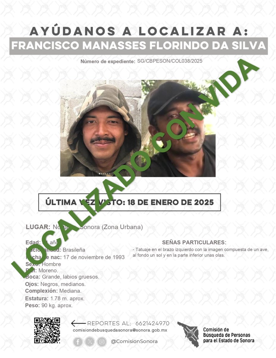 ComisionSonora's tweet photo. La Comisión de Búsqueda de Personas Para el Estado de Sonora informa que, FRANCISCO MANASSES FLORINDO DA SILVA fue localizado con vida.

“Toda persona tiene un hogar, ayudémosle a regresar”.

#Localizadoconvida https://t.co/ZCEx3qmyPQ