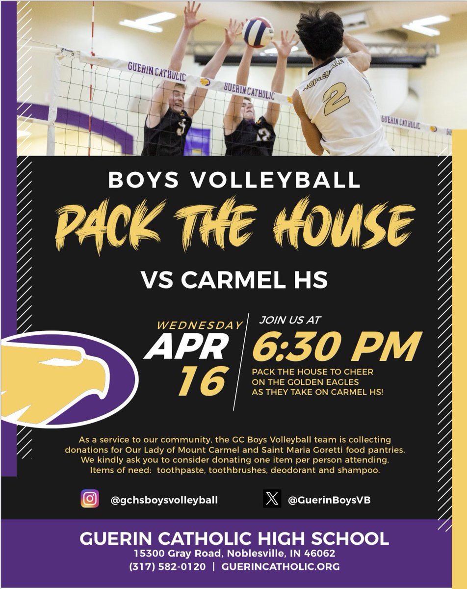 GuerinBoysVB's tweet photo. SAVE THE DATE 🏐 We need everyone to turn out at Pack the House night on April 16th when we play the Carmel Greyhounds.  Our JV Purple gets the night started at 5:30, followed by the Varsity match up at 6:30.  We promise an exciting clash of talent between our two programs! https://t.co/TMxDGLY4KL