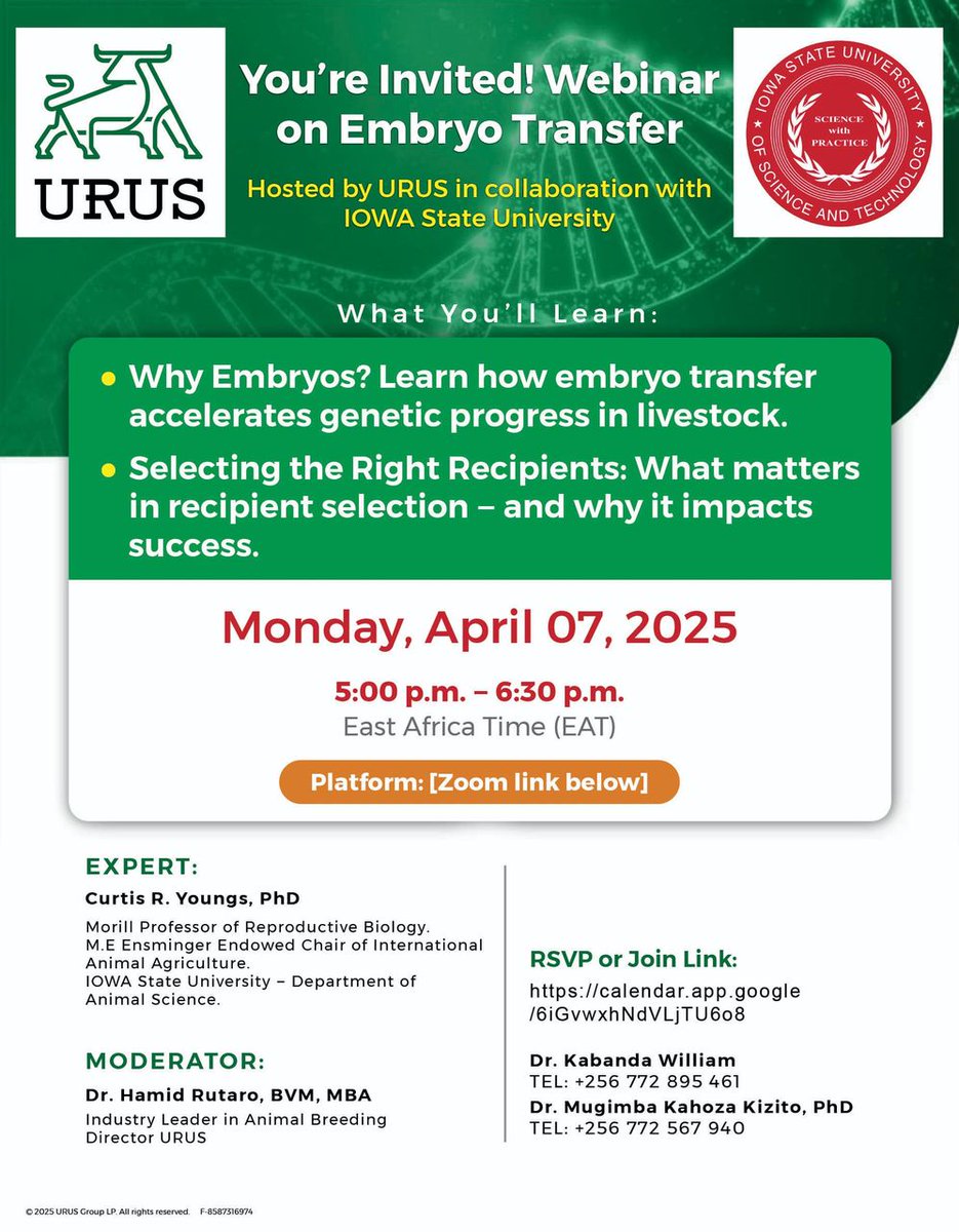 <a href="/Ugveterinarians/">Uganda Veterinary Association (UVA)</a> . Let's login on 7th April 2025 from 5:00pm-6:30Pm East African time for a webinar on Embryo transfer.

 Learn how embro transfer accelerates genetic progress in livestock.

We shall have a brief on the process for selecting the right recipients and how it