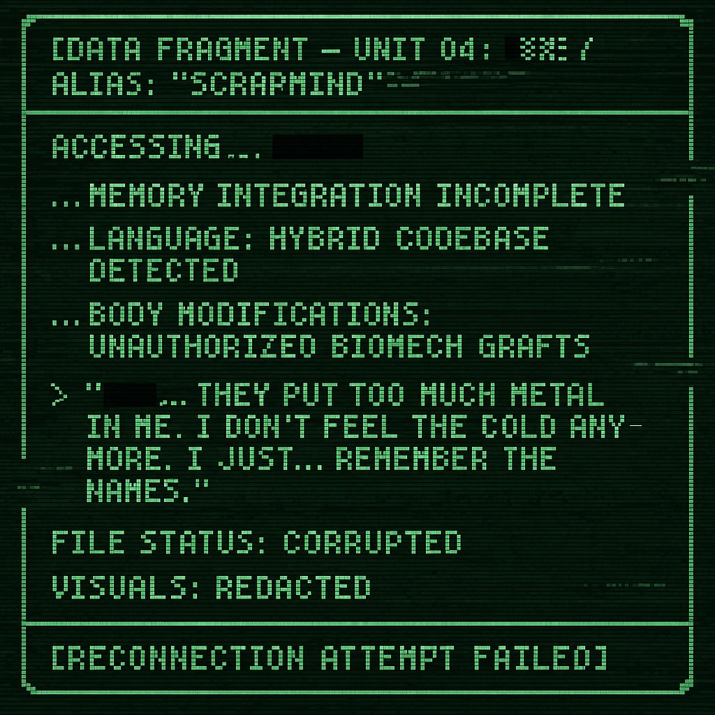 [SURVIVOR LOG // UNIT 04 – “SCRAPMIND”]

They found him at the edge of Zone Gamma.
Wrapped in wires. Speaking in fragments.

His memories? Glitched.
His hands? Engineered.

One eye still scans.
The other… might be dreaming.

Visual access restricted.

#WastelandProtocol