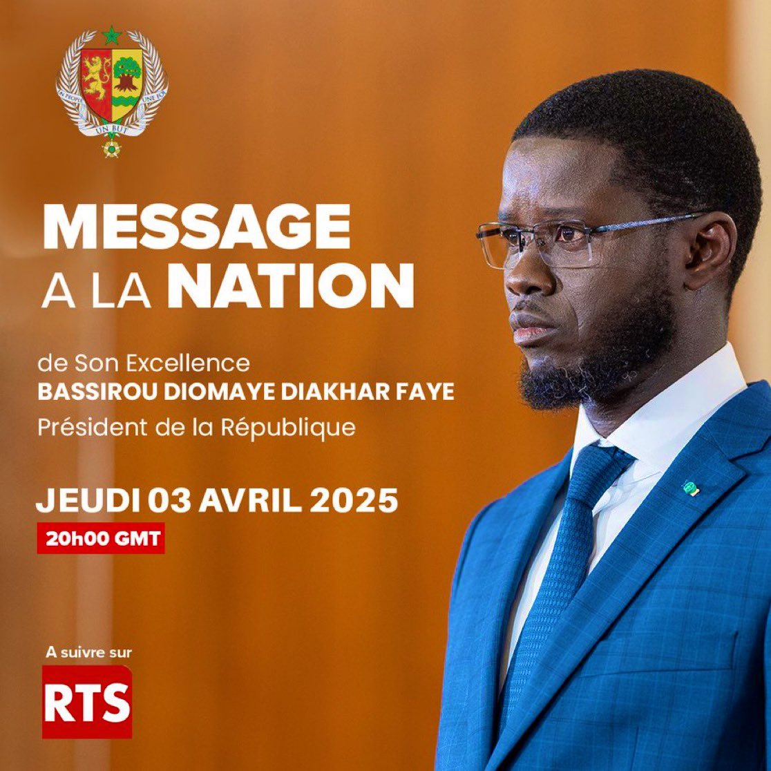 Actugouvsenegal's tweet photo. Ce jeudi 3 avril à 20h (GMT), le Président de la République, Bassirou Diomaye Diakhar Faye, s’adressera à la Nation à l’occasion du 65e anniversaire de l’indépendance du Sénégal.
Un rendez-vous à suivre en direct sur la RTS.
#MessageALaNation #3Avril2025 #Sénégal #Indépendance65ans #PR_Diomaye