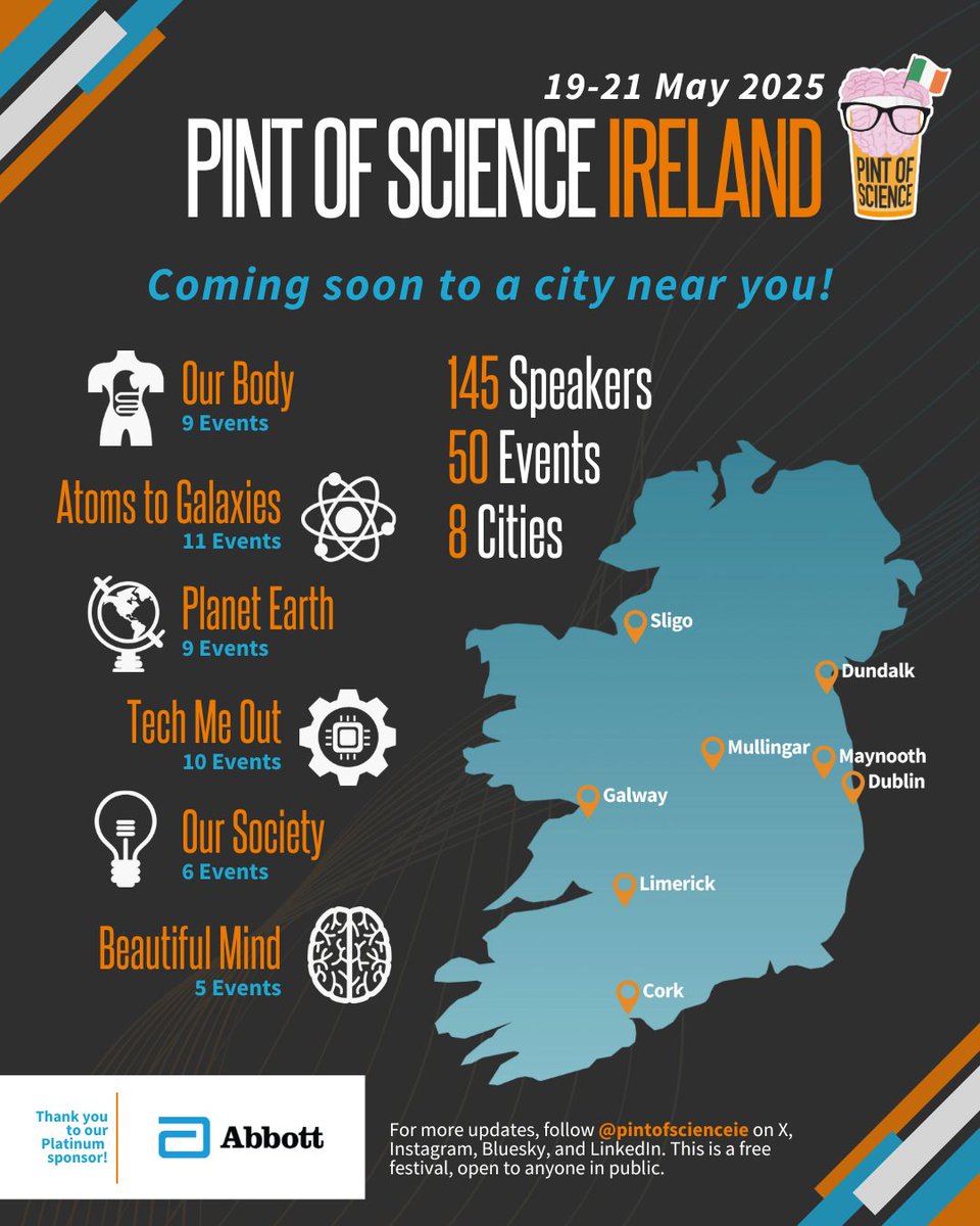 🚨Science lovers, mark your calendars!  
🧪Join us 19-21 May for 50 events, 145 speakers, and 6 themes!
💥Best of all? It’s completely FREE &amp; open to the public! 
🍻Enjoy a drink &amp; explore science in a fun, relaxed way.  
🔗Follow us on social media for  the full lineup!#Pint25