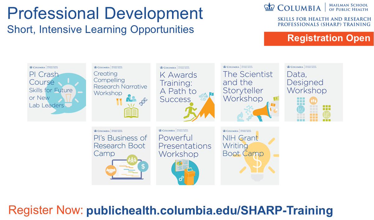 Professional development trainings geared specifically towards public health investigators are being offered by the #SHARP Program this summer. These short, intensive learning opportunities are offered virtually, in-person in NYC and hybrid.  publichealth.columbia.edu/SHARP-Training