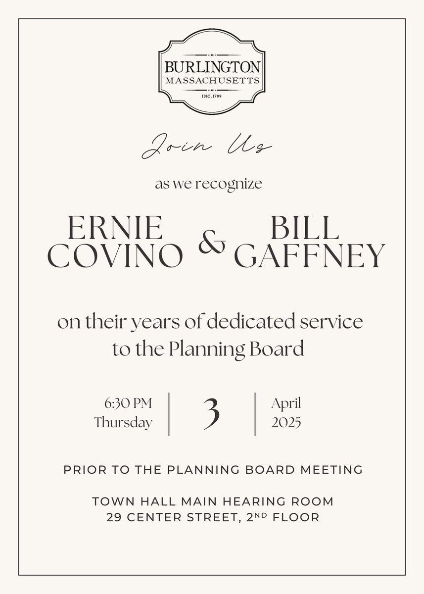 At tonight's Planning Board, we will be honoring two long time members of the board at their last meeting! All our welcome to join, both online and in person, to show appreciation for their years of service to Burlington. Full agenda and webex link here: burlington.org/Calendar.aspx?…