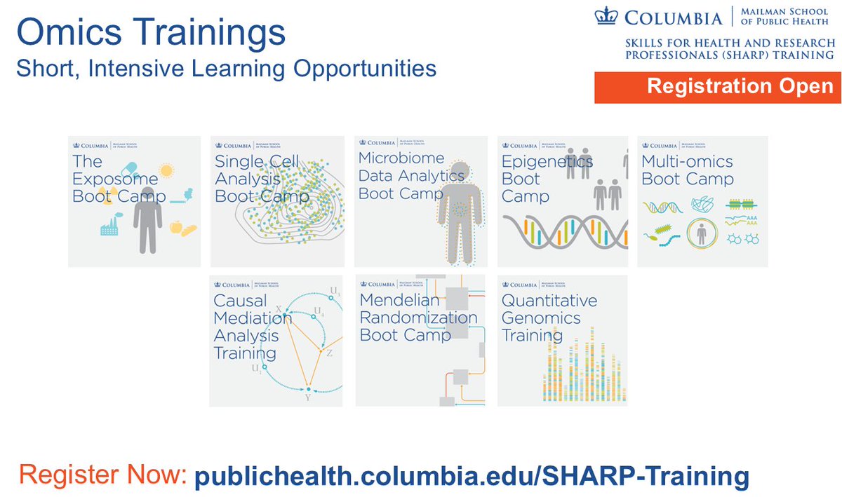 Registration is open for summer trainings in omics topics. These short, intensive learning opportunities are offered virtually, in-person in NYC and hybrid by the #SHARP Program. Explore trainings - publichealth.columbia.edu/SHARP-Training