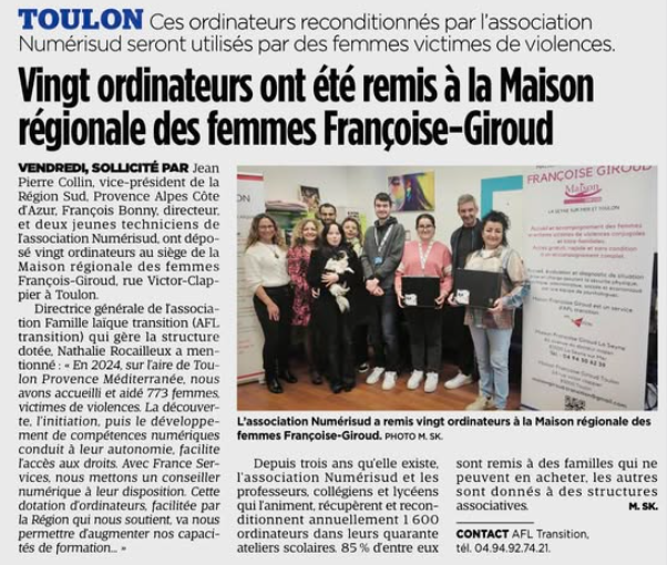 numerisudschool's tweet photo. L'association NumériSud ( @numerisudschool  ) a livré deux salles informatiques pour les femmes victimes de violences aux centres d'accueil de Toulon et la Seyne. Cela permettra à ces femmes de retrouver de l'autonomie numérique dans les démarches admin. https://t.co/IpBI7h6eoZ