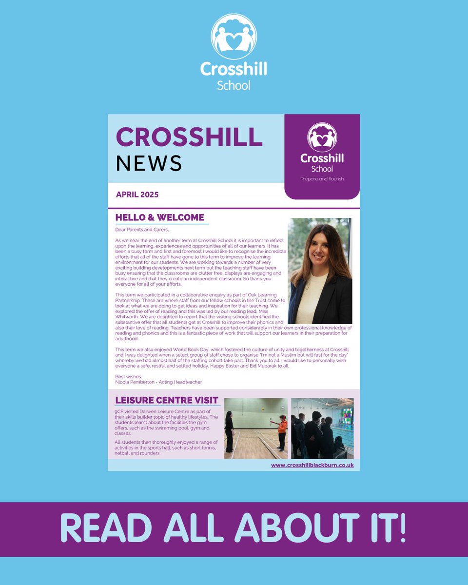 The latest edition of Crosshill News is now available to read on the website at: crosshillblackburn.co.uk/newsletters/.

Full of the latest news and developments from school, we hope you enjoy it!