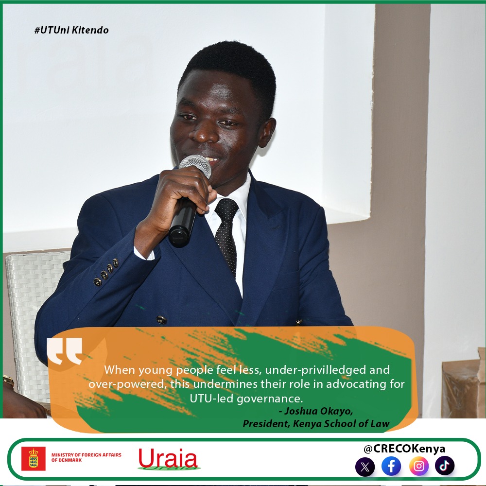 CRECOKenya's tweet photo. "When young people feel less, under-privileged and over-powered, their role in advocating for UTU-led governance is undermined" ~Joshua Okayo, President @SchoolofLawKE 

#UtuNiKitendo 
#UTUKenya https://t.co/rdcWOSDmM6