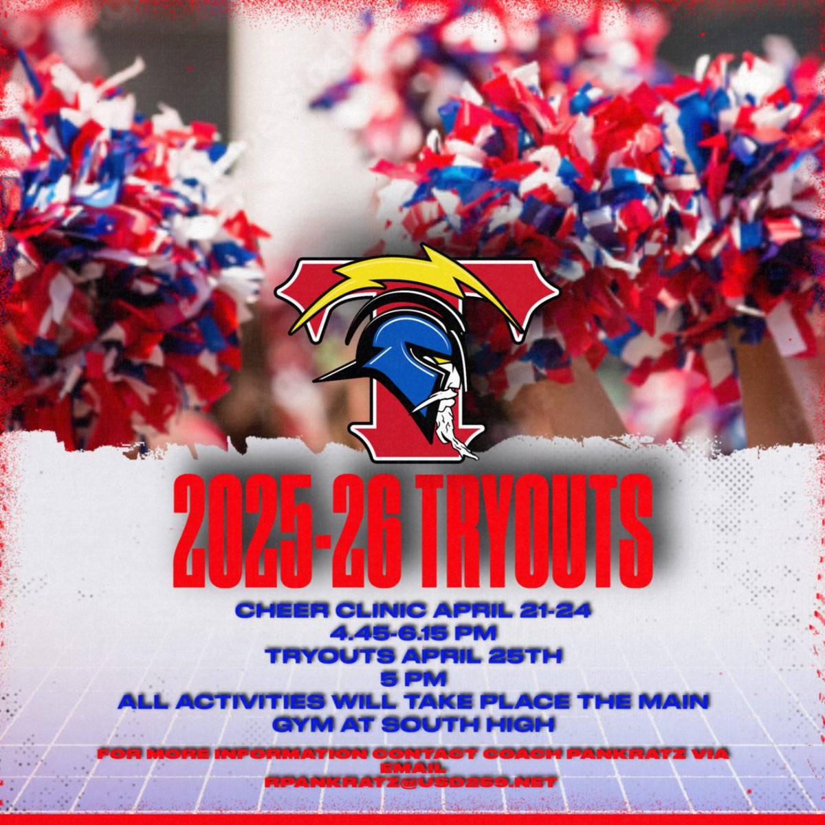 South Titans AD (@southtitans) on Twitter photo This is just a reminder that South High Cheer tryouts are coming up. Coach Pankratz can be reached at rpankratz@usd259.net for more information. This is just a reminder that South High Cheer tryouts are coming up. Coach Pankratz can be reached at rpankratz@usd259.net for more information.