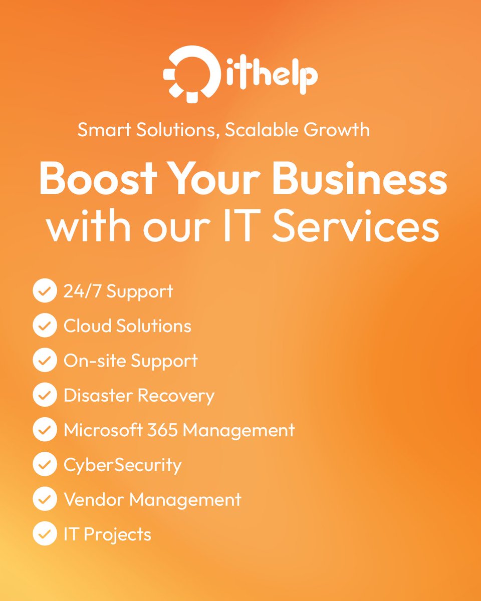 ithelpinc's tweet photo. From cloud solutions to 24/7 support, we provide smart IT solutions that scale with your business. ✅
Which IT service does your business need most? Let us know! ⬇️

📩 #ITSolutions #BusinessIT #CloudComputing https://t.co/zyfaQyVtuN