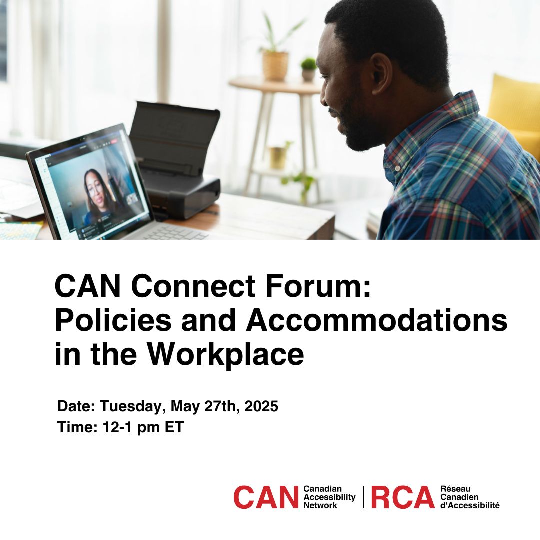 In celebration of National AccessAbility Week, join us for our upcoming CAN Connect Forum where we'll be discussing Policies and Accommodations in the Workplace.

Date: Tuesday, May 27
Time: 12:00 – 1:00 p.m. ET
Delivery: Virtual via Zoom

can-rca.ca/event/policies… 

#NAAW2025