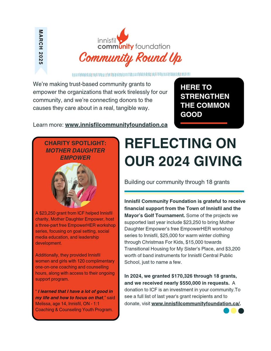 InnisfilCF's tweet photo. Our newsletter is ready for your reading pleasure!

Check out our charity spotlight, Save the Date for the Innisfil Mayor's Golf Tournament, and take a peek at all the projects we funded in 2024.

https://t.co/bATlKSnzuR https://t.co/72GXqr1ZOV