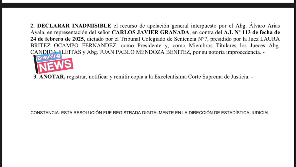 ⭕️ JUICIO ORAL PARA CARLOS GRANADA SE HARÁ EN FECHA YA FIJADA 

El Tribunal de Apelación en lo Penal, Tercera Sala, declaró inadmisible la apelación presentada por la defensa del comunicador acusado por coacción, coacción sexual y violación, acoso sexual. 

El juicio oral y