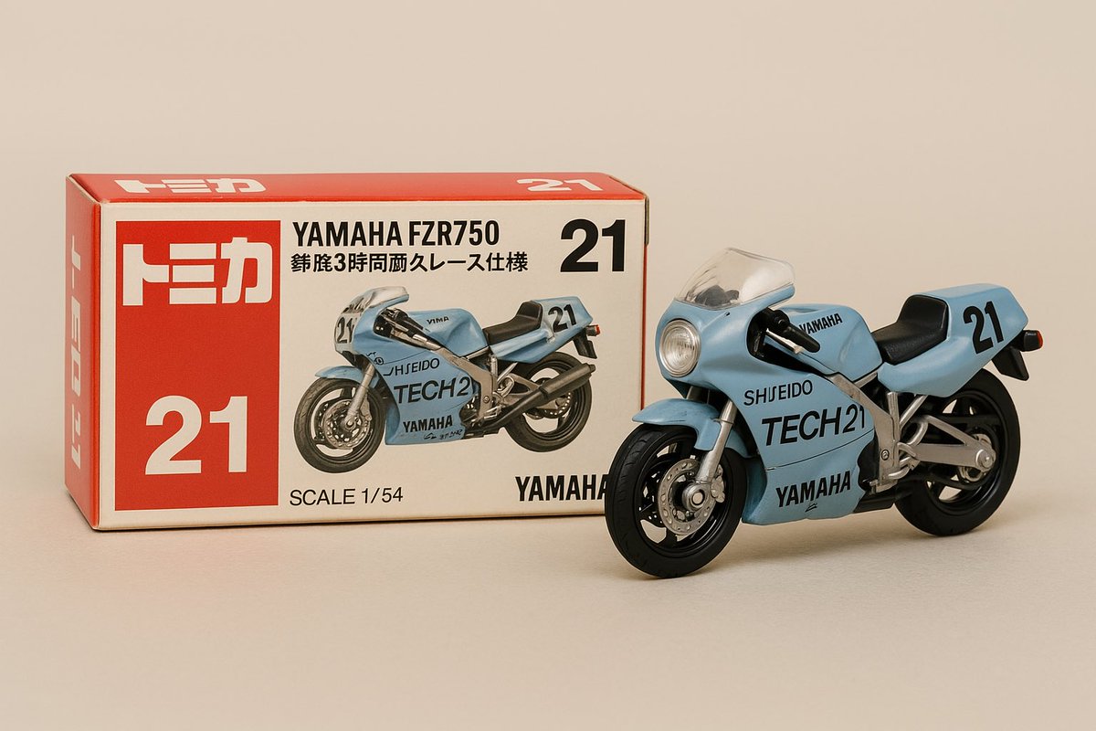 308Macky's tweet photo. ChatGPTによる架空のトミカ。
面白いのでバイクを生成。ヤマハFZR750, 1985年 資生堂TECH21仕様、としたらこんな。ダメだこりゃ！
#ChatGPT
#生成トミカ
#架空トミカ 
#YAMAHA https://t.co/aqBykx632G