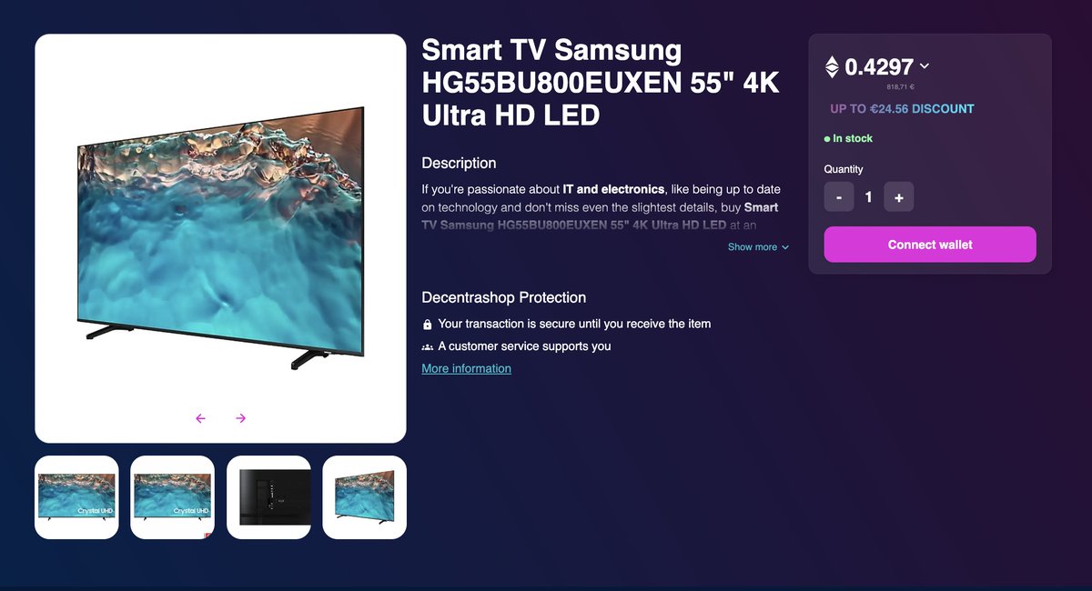Upgrade your movie nights 🎬 with a stunning 4K Samsung Smart TV — now available on DecentraShop.com !

Watch in Ultra HD and pay in crypto 💸
#HomeCinema #DecentraShop