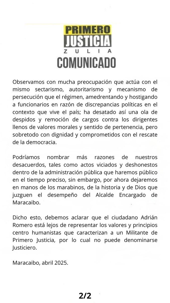 Comunicado de Primero Justicia Zulia para el conocimiento de los zulianos y sobretodo de los marabinos ⬇️