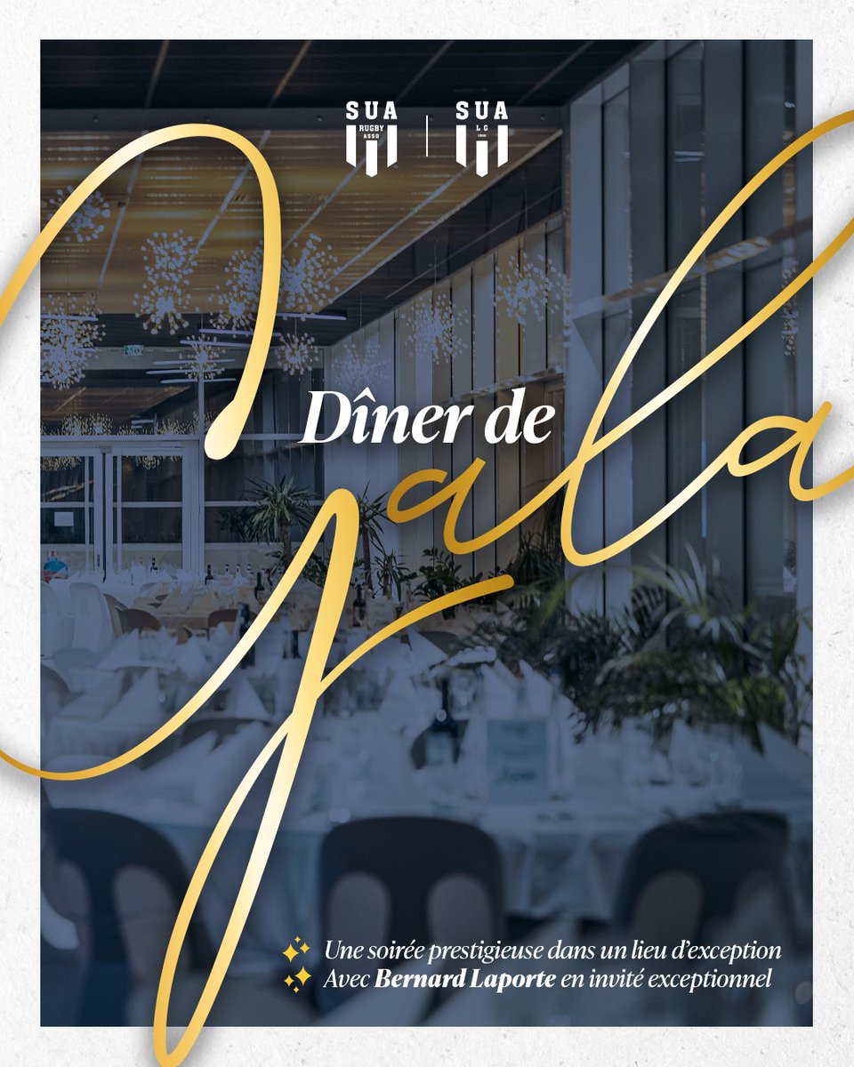 Agen Rugby - SUA LG (@agen_rugby) on Twitter photo Un 𝗗𝗶𝗻𝗲𝗿 𝗱𝗲 𝗚𝗮𝗹𝗮 au Salon des Étoiles ✨
Le SUA LG vous convie, le 𝐦𝐚𝐫𝐝𝐢 𝟐𝟐 𝐚𝐯𝐫𝐢𝐥 dès 19h, pour une soirée d’exception au cœur de sa tribune Ferrasse !
𝘽𝙚𝙧𝙣𝙖𝙧𝙙 𝙇𝙖𝙥𝙤𝙧𝙩𝙚, notre invité d’honneur, vous proposera une intervention exclusive avant Un 𝗗𝗶𝗻𝗲𝗿 𝗱𝗲 𝗚𝗮𝗹𝗮 au Salon des Étoiles ✨
Le SUA LG vous convie, le 𝐦𝐚𝐫𝐝𝐢 𝟐𝟐 𝐚𝐯𝐫𝐢𝐥 dès 19h, pour une soirée d’exception au cœur de sa tribune Ferrasse !
𝘽𝙚𝙧𝙣𝙖𝙧𝙙 𝙇𝙖𝙥𝙤𝙧𝙩𝙚, notre invité d’honneur, vous proposera une intervention exclusive avant