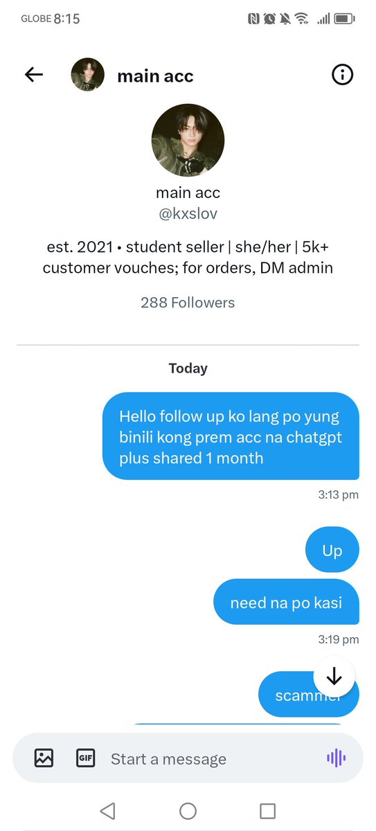 namusexybrain's tweet photo. POSTING FOR AWARENESS!

‼️SCAMMER ALERT‼️

@/wyafexx @/kxslov

Do not buy here any premium accounts. Scammer fr!! May pa vouch pa ng nalalaman. 50 pesos nalang isascam pa kawawa ka naman te awat mo yan. 

Wag na kayo tumulad sakin hahahahalol. 

‼️Premium acc ph https://t.co/amr315ozSg