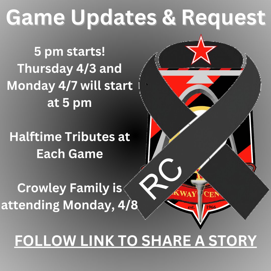 Thursday 4/3 v P. South &amp; Monday 4/8 v Pattonville =5 pm!
Tributes at halftime for both
The Crowley family will attend the Monday, 4/8 game

P. West Middle set up a Remembrance form share your stories!
tinyurl.com/rememberCrowley
