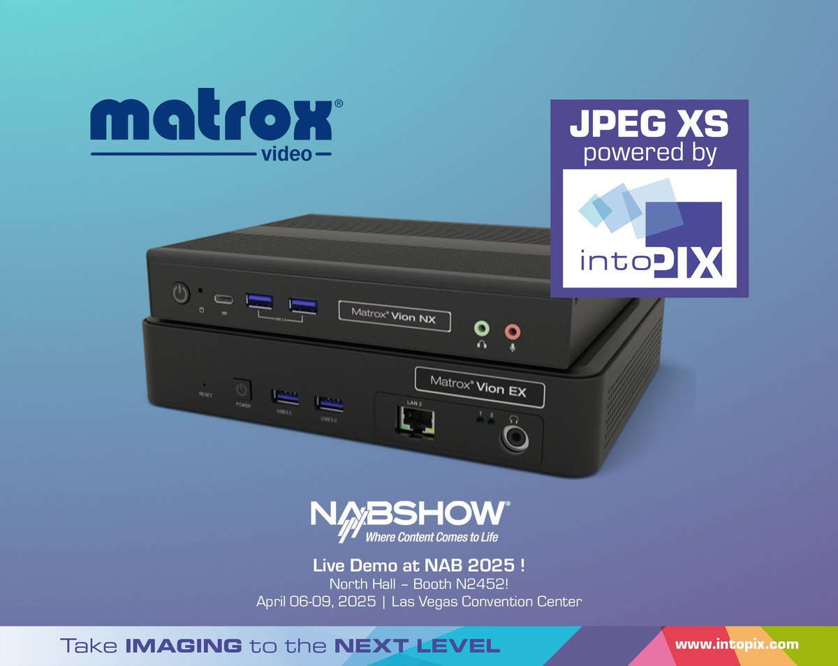 Smarter, faster, &amp; fully interoperable IP video is here!
<a href="/intoPIX/">intoPIX</a> &amp; <a href="/MatroxVideo/">Matrox Video</a> are joining forces at <a href="/NABShow/">NAB Show</a> to showcase powerful new IPMX &amp; ST 2110 workflows powered by JPEG XS.

Read the full Press Release here zurl.co/QdkdZ 
Meet us at NAB: zurl.co/z9k1b